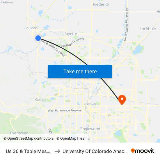 Us 36 & Table Mesa Station Gate A to University Of Colorado Anschutz Medical Campus map