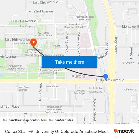 Colfax Station to University Of Colorado Anschutz Medical Campus map