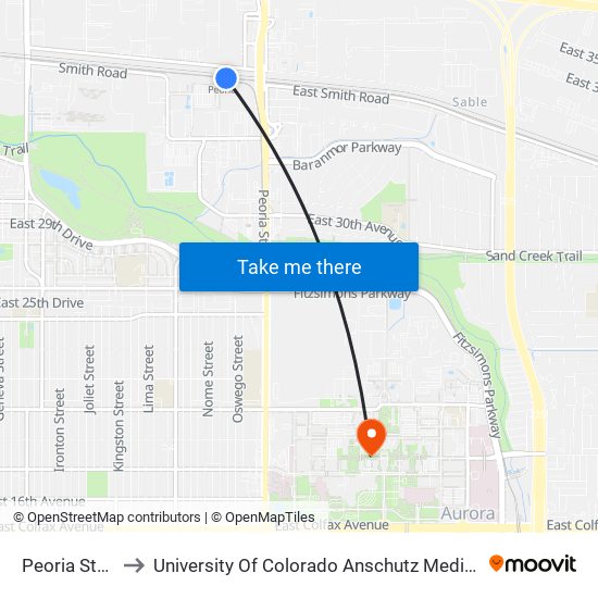 Peoria Station to University Of Colorado Anschutz Medical Campus map