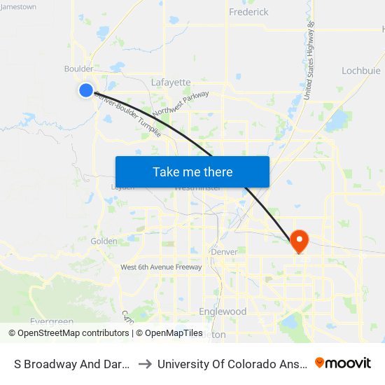 S Broadway And Dartmouth Avenue Nb to University Of Colorado Anschutz Medical Campus map