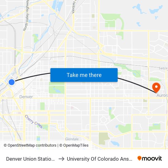 Denver Union Station Bus Concourse to University Of Colorado Anschutz Medical Campus map