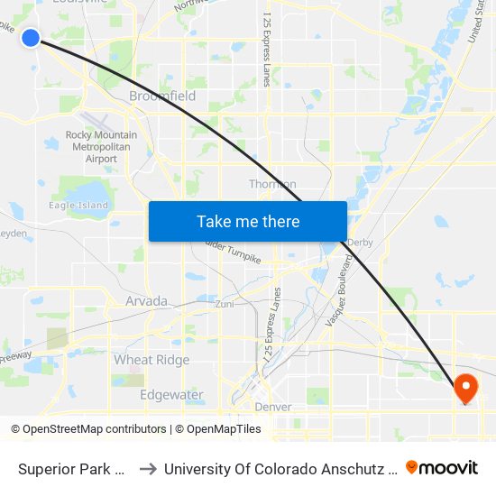 Superior Park & Ride Wb to University Of Colorado Anschutz Medical Campus map