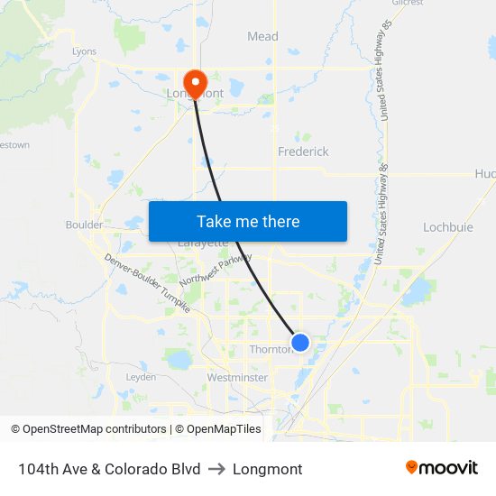 104th Ave & Colorado Blvd to Longmont map