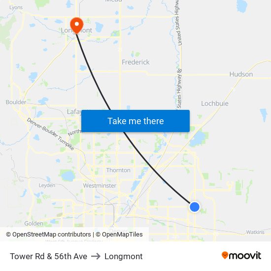 Tower Rd & 56th Ave to Longmont map