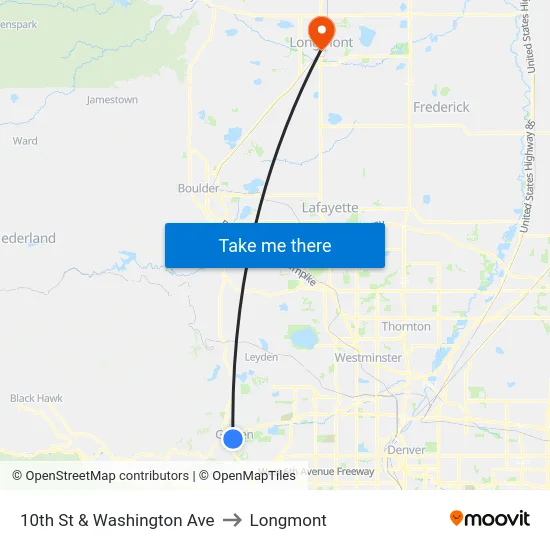 10th St & Washington Ave to Longmont map