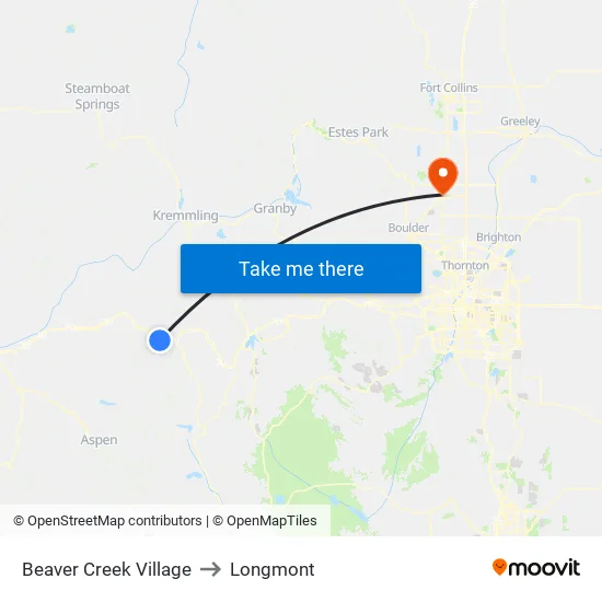 Beaver Creek Village to Longmont map