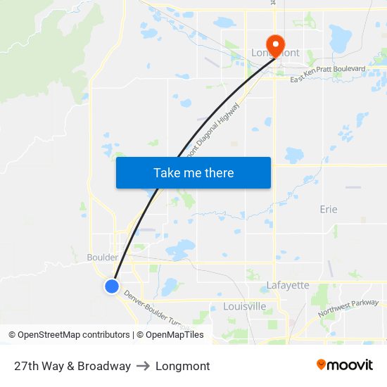 27th Way & Broadway to Longmont map