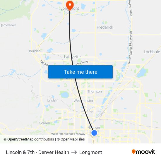 Lincoln & 7th - Denver Health to Longmont map