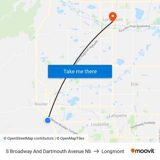 S Broadway And Dartmouth Avenue Nb to Longmont map