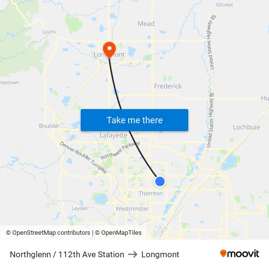 Northglenn / 112th Ave Station to Longmont map