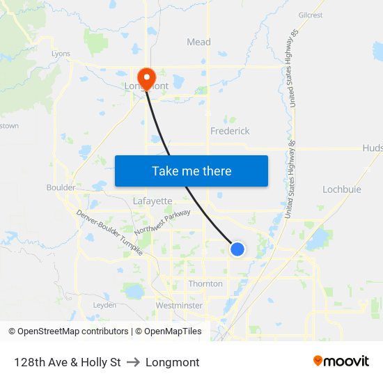 128th Ave & Holly St to Longmont map