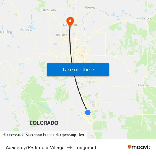 Academy/Parkmoor Village to Longmont map