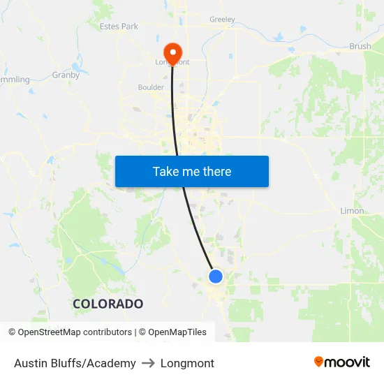 Austin Bluffs/Academy to Longmont map
