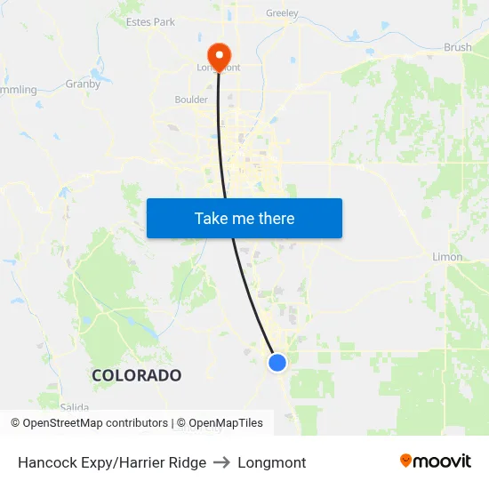 Hancock Expy/Harrier Ridge to Longmont map