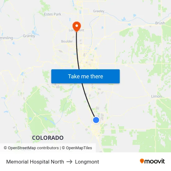 Memorial Hospital North to Longmont map