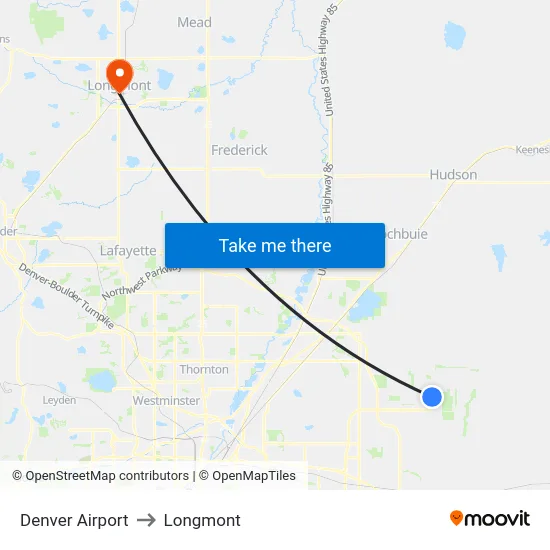 Denver Airport to Longmont map
