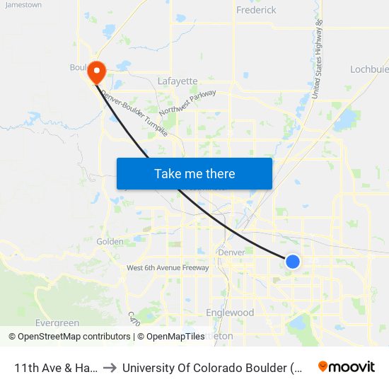 11th Ave & Havana St to University Of Colorado Boulder (Williams Village) map