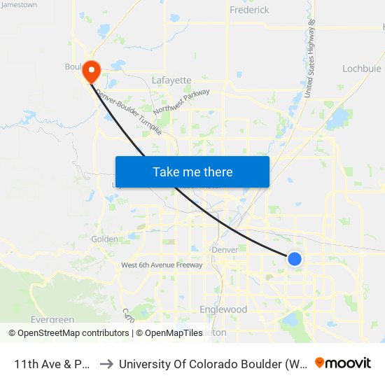 11th Ave & Peoria St to University Of Colorado Boulder (Williams Village) map