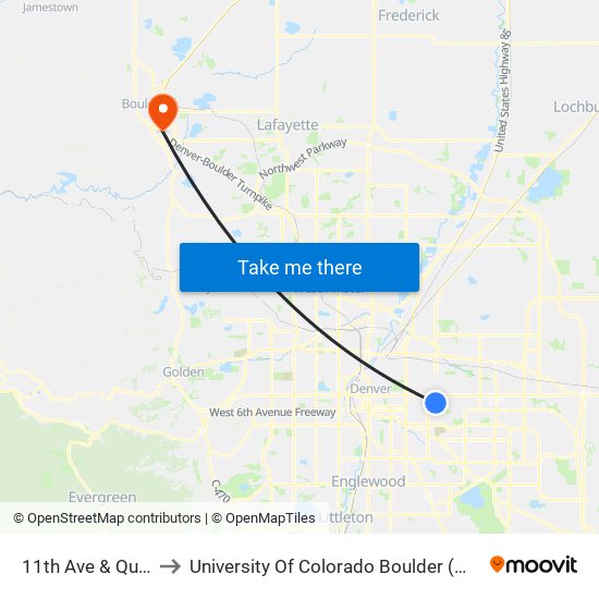 11th Ave & Quebec St to University Of Colorado Boulder (Williams Village) map