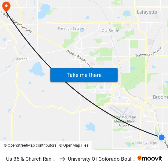 Us 36 & Church Ranch Station Gate A to University Of Colorado Boulder (Williams Village) map