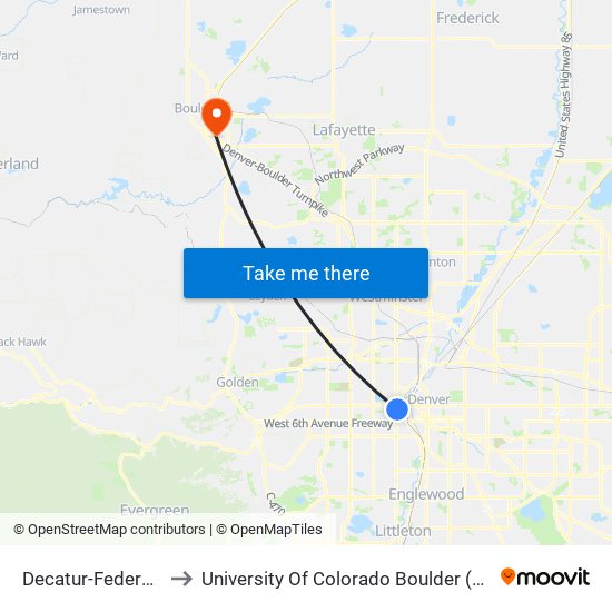 Decatur-Federal Station to University Of Colorado Boulder (Williams Village) map