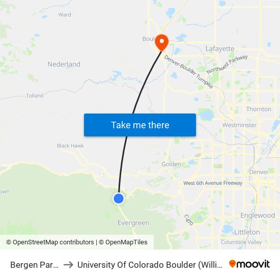 Bergen Park Pnr to University Of Colorado Boulder (Williams Village) map