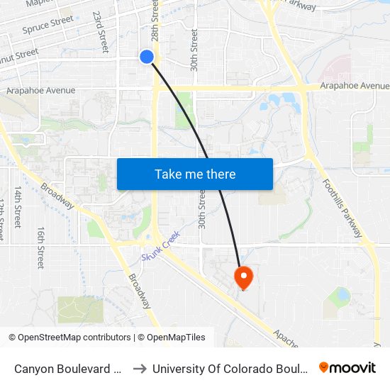 Canyon Boulevard And 28th Street to University Of Colorado Boulder (Williams Village) map