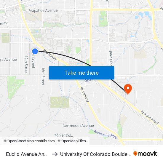 Euclid Avenue And 14th Street to University Of Colorado Boulder (Williams Village) map