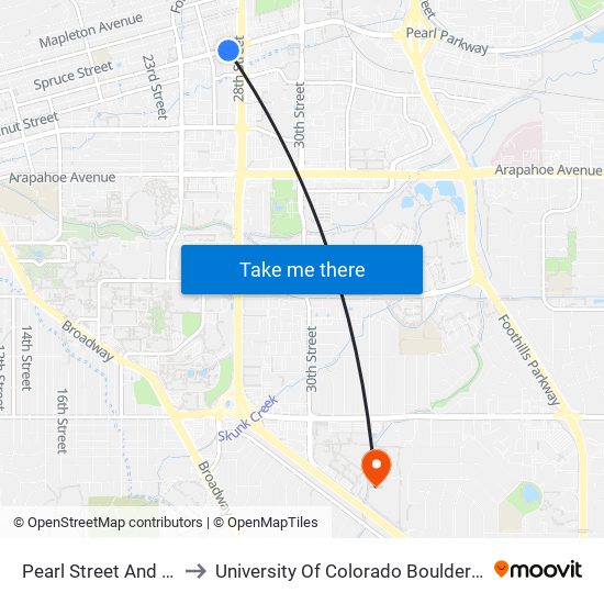 Pearl Street And 28th Street to University Of Colorado Boulder (Williams Village) map