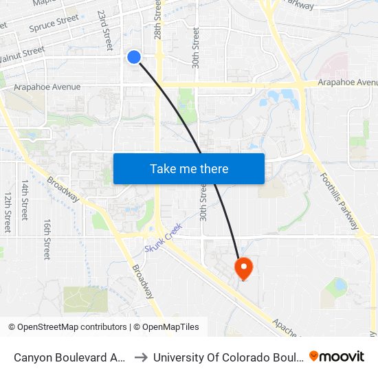 Canyon Boulevard And Folsom Street to University Of Colorado Boulder (Williams Village) map