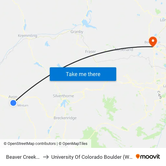 Beaver Creek Village to University Of Colorado Boulder (Williams Village) map