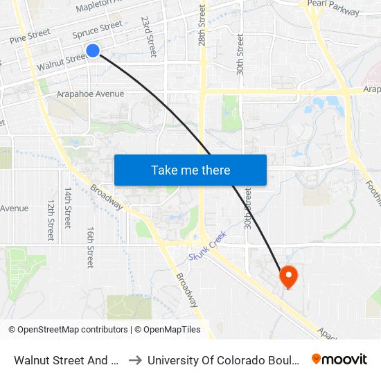 Walnut Street And 18th Street Wb to University Of Colorado Boulder (Williams Village) map