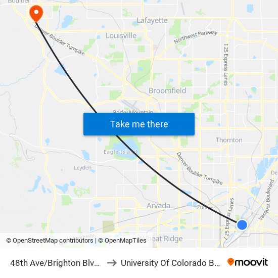 48th Ave/Brighton Blvd @ Nat`L Western Ctr to University Of Colorado Boulder (Williams Village) map
