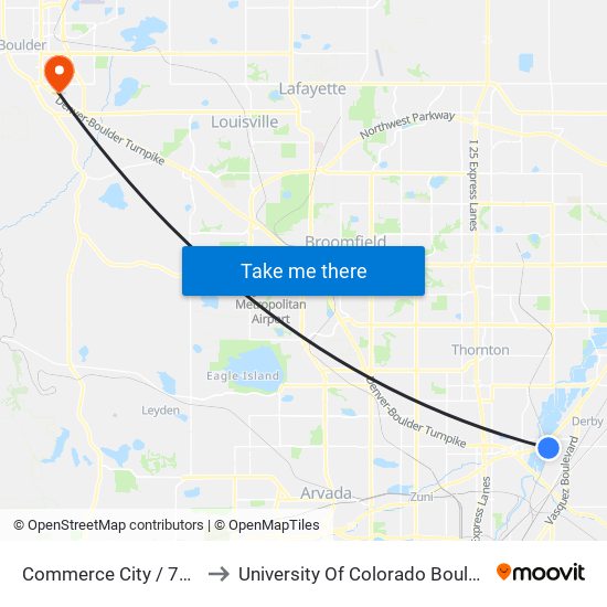 Commerce City / 72nd Ave Station to University Of Colorado Boulder (Williams Village) map