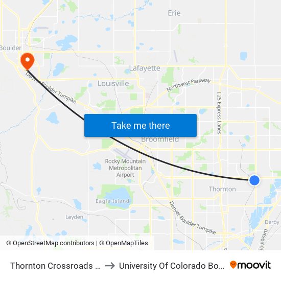 Thornton Crossroads / 104th Ave Station to University Of Colorado Boulder (Williams Village) map