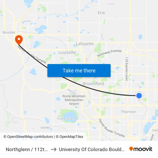 Northglenn / 112th Ave Station to University Of Colorado Boulder (Williams Village) map