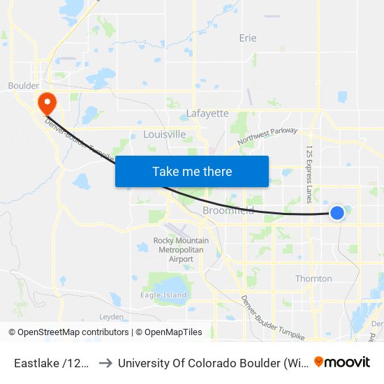 Eastlake /124th Ave to University Of Colorado Boulder (Williams Village) map