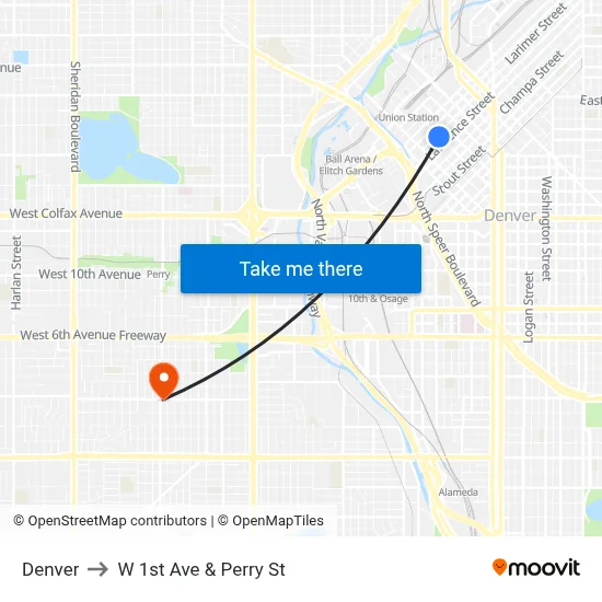 Denver to W 1st Ave & Perry St map