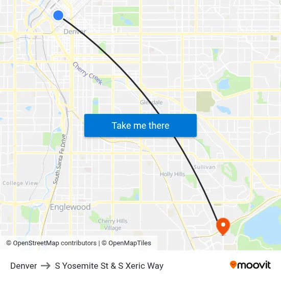 Denver to S Yosemite St & S Xeric Way map