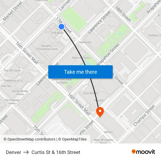 Denver to Curtis St & 16th Street map