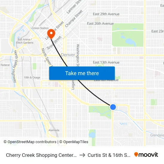Cherry Creek Shopping Center-West to Curtis St & 16th Street map
