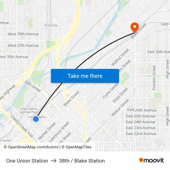 One Union Station to 38th / Blake Station map