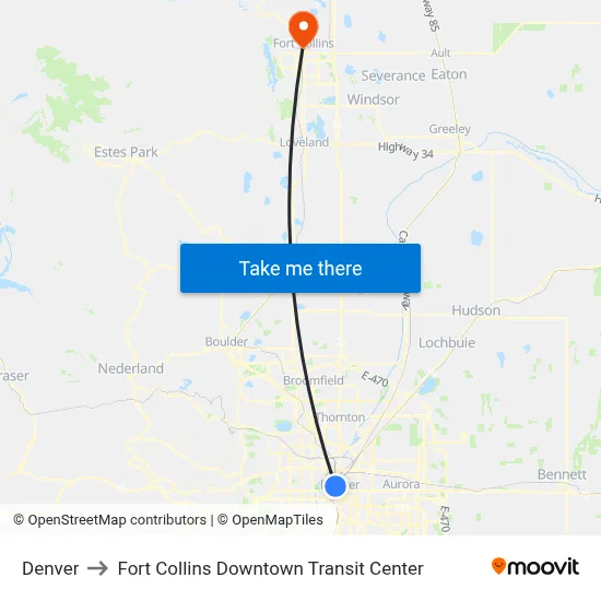 Denver to Fort Collins Downtown Transit Center map