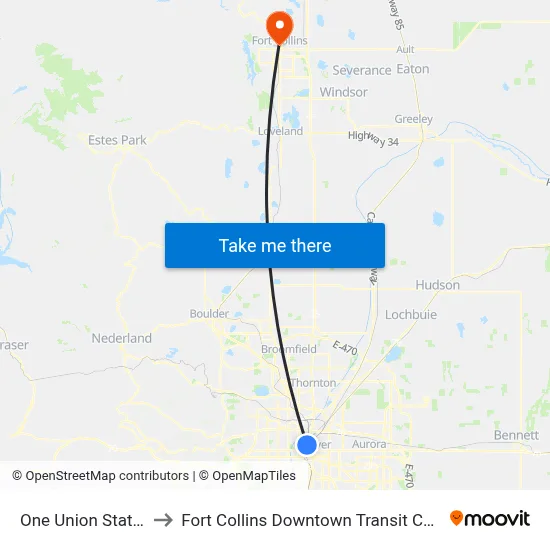 One Union Station to Fort Collins Downtown Transit Center map