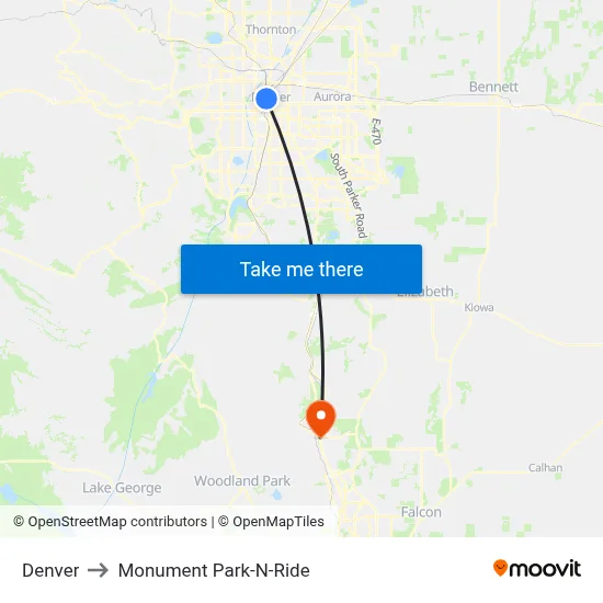 Denver to Monument Park-N-Ride map
