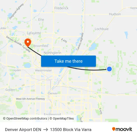 Denver Airport DEN to 13500 Block Via Varra map