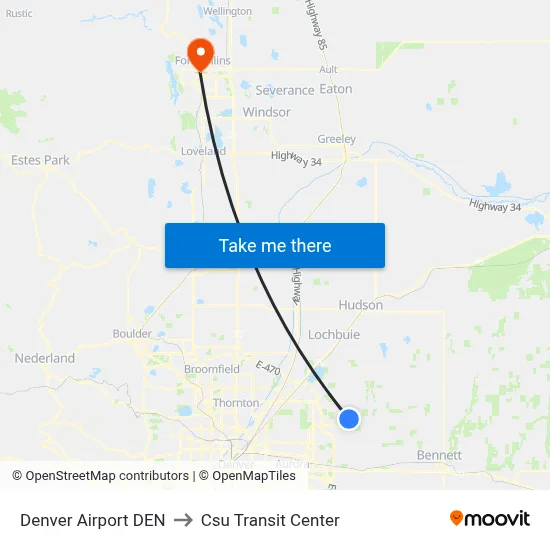 Denver Airport DEN to Csu Transit Center map