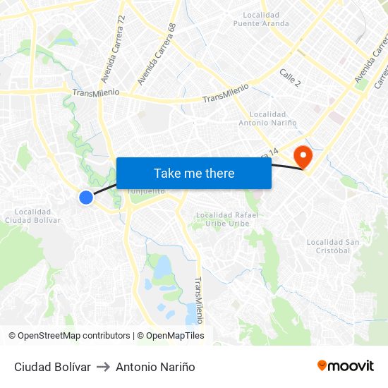 Ciudad Bolívar to Antonio Nariño map