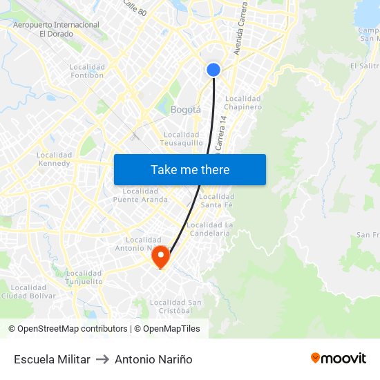 Escuela Militar to Antonio Nariño map