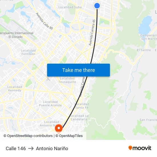 Calle 146 to Antonio Nariño map